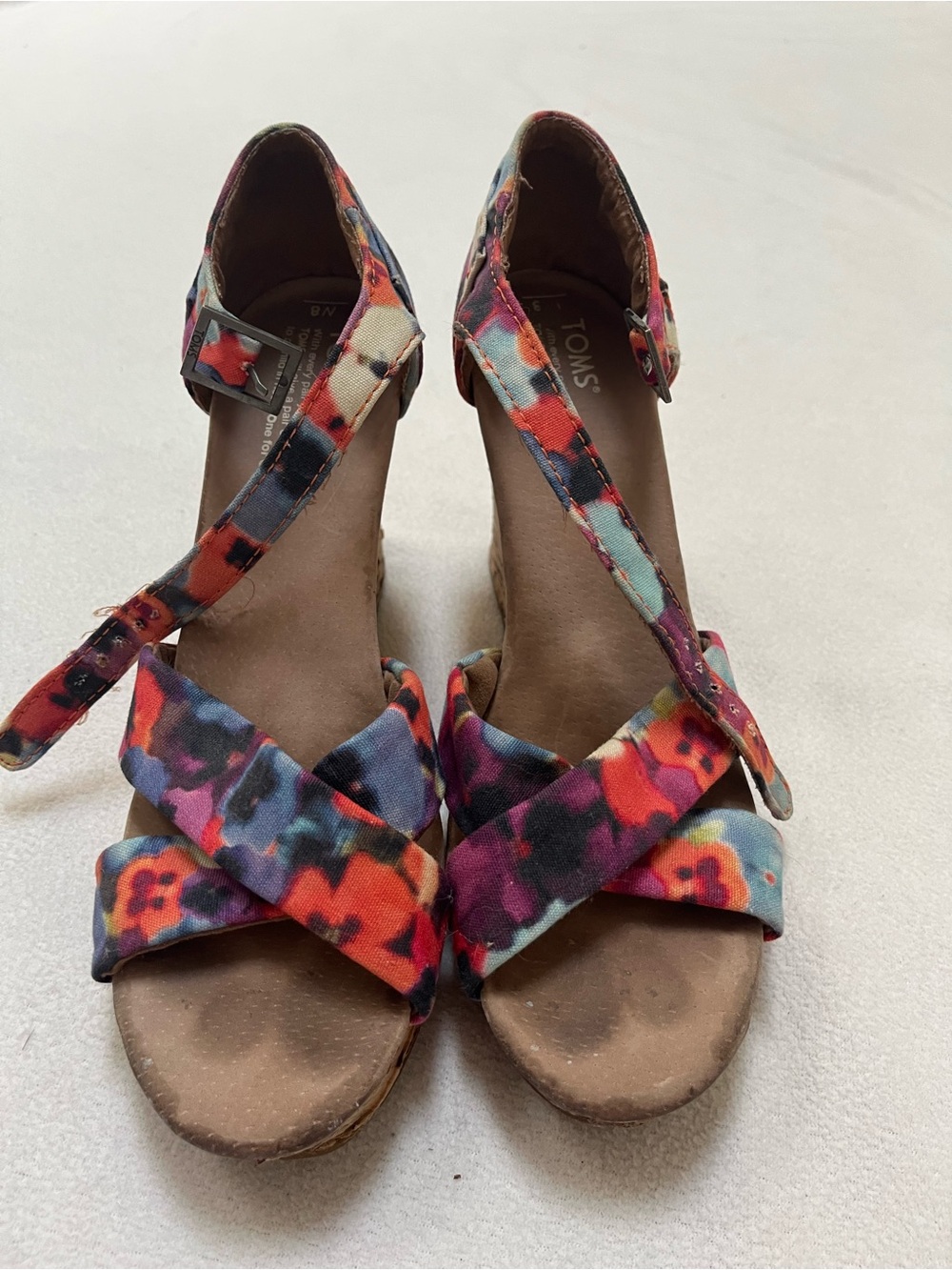 TOMS Floral Cork Wedge Sandals Women’s Size 8 Ankle Strap